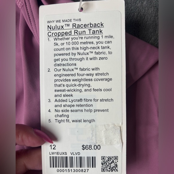 Lululemon Nulux Racerback Cropped Run Tank Velvet Dust - Size 12 - Picture 3 of 4
